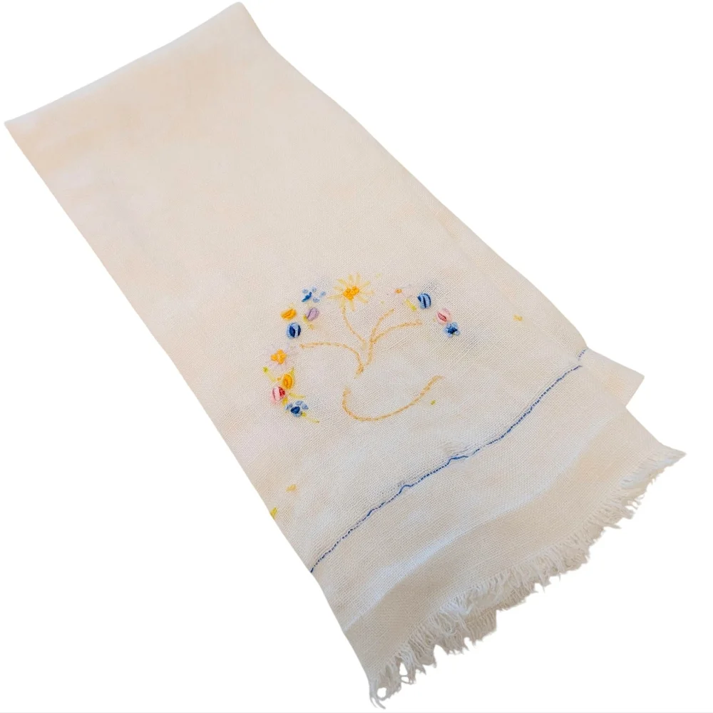VINTAGE Dish Towel Embroidered Linen Farmhouse Floral White Yellow Blue